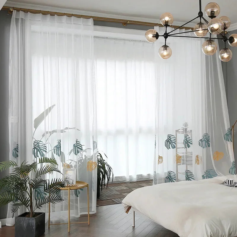 rideau blanc transparent motif feuilles tropicales moderne salon chambre