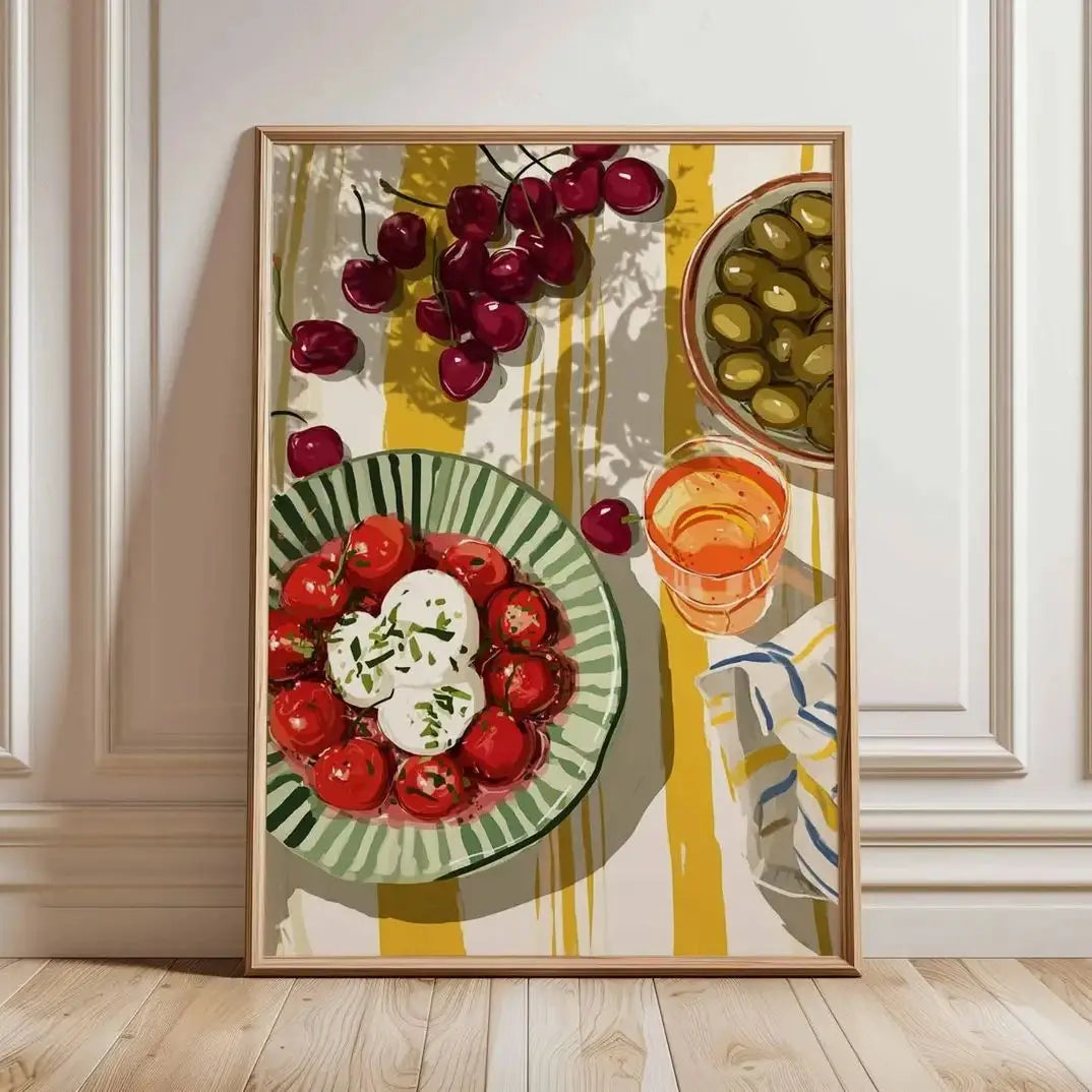 tableau mural fruits modernes prunes tomates cerises couleurs vives vert rouge jaune blanc opaque
