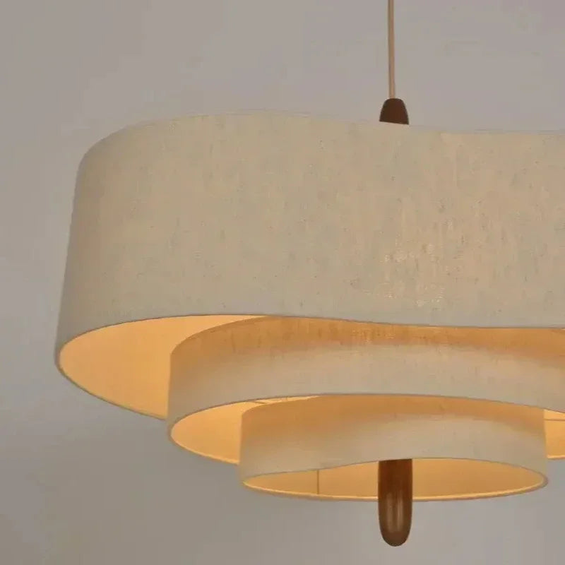 Suspension lumineuse tissu beige clair moderne chaîne métallique salon chambre principal led