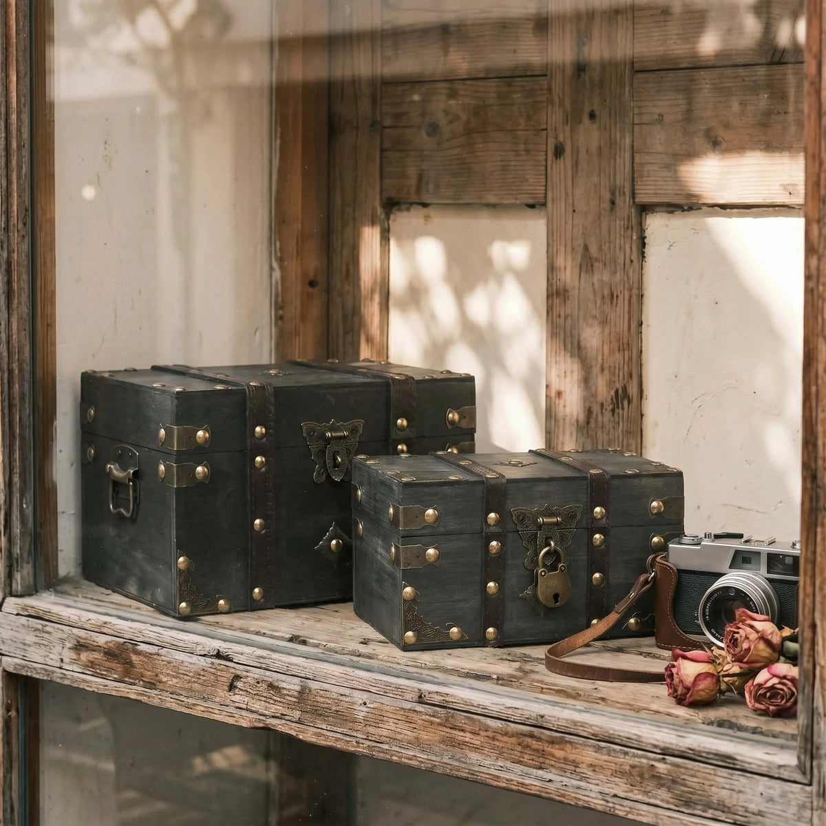 boîtes rangement vintage bois deux pièces noir marron finition vieillie serrure rivets dorés poignées