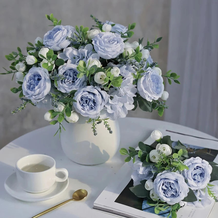 bouquets fleurs artificielles pivoine roses hortensias vases décor maison anniversaire mariage