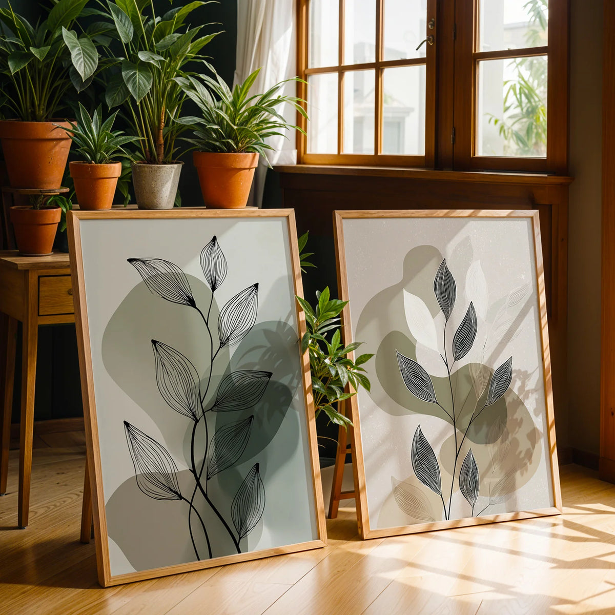 tableaux abstraits contemporains toile minimaliste feuilles stylisées décoration intérieure printemps été