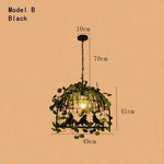 suspension lumineuse vintage oiseaux métal feuilles vert ampoules noir doré rustique