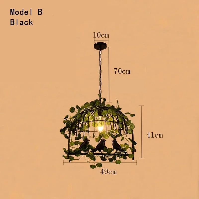 suspension lumineuse vintage oiseaux métal feuilles vert ampoules noir doré rustique