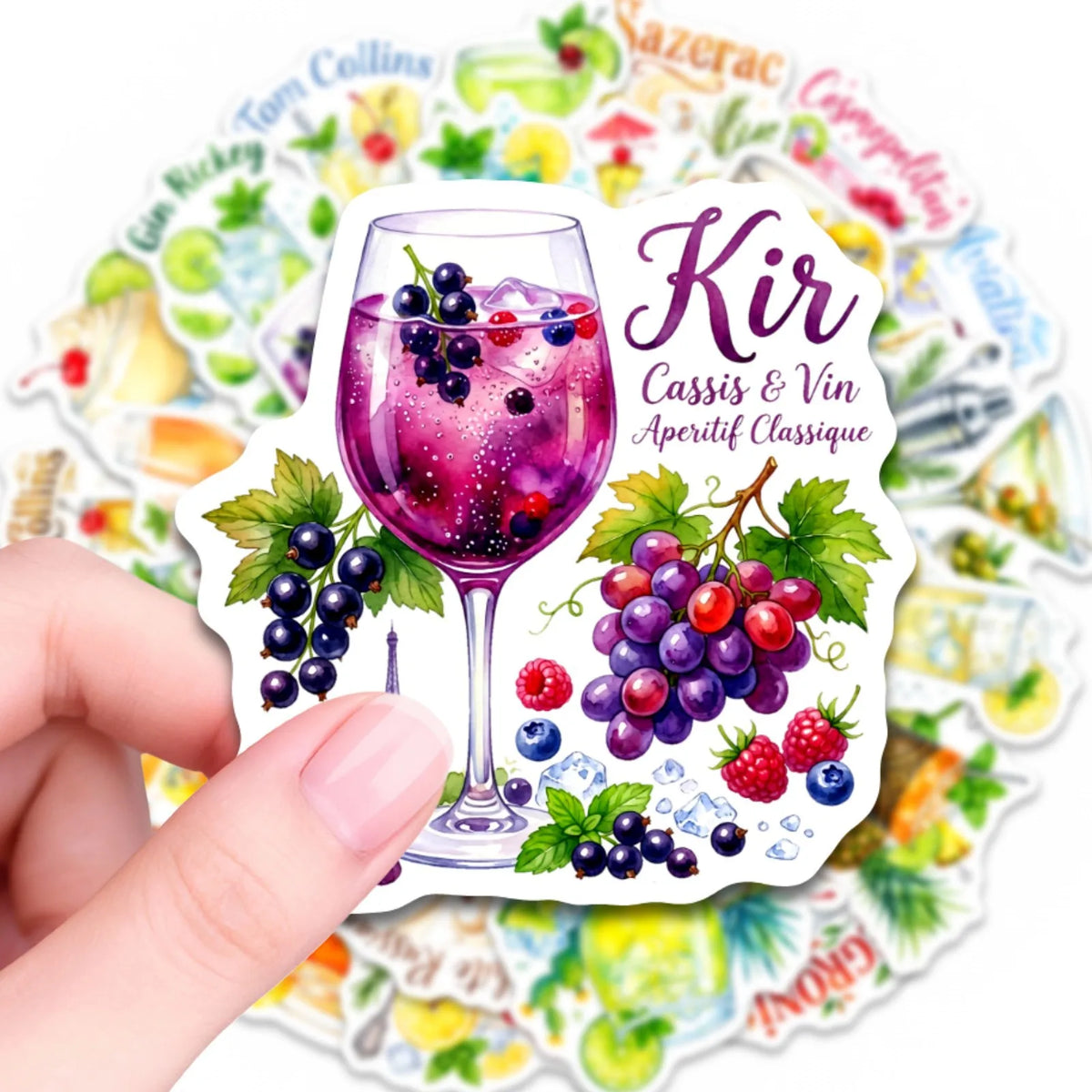 stickers cocktails multicolores illustrations aquarelle fruits herbes aromatiques bar shakers verres pack 50 adhésifs