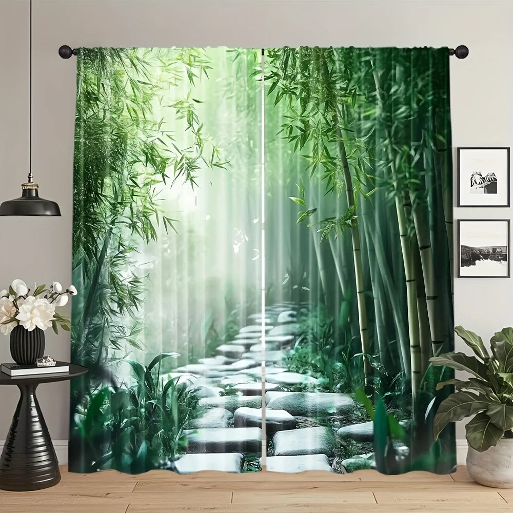 rideau vert blanc motif forêt bambou chemin pierres moderne opacité double ouverture chambre