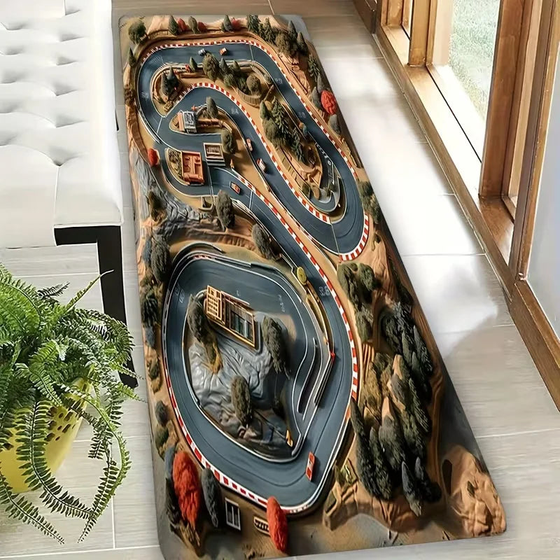 tapis moderne circuit automobile motifs paysagers doux antidérapant vert gris rouge