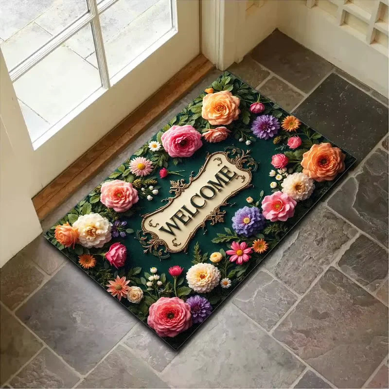 tapis d'entrée intérieur extérieur motif fleurs welcome texte doré classique décoration maison polyester