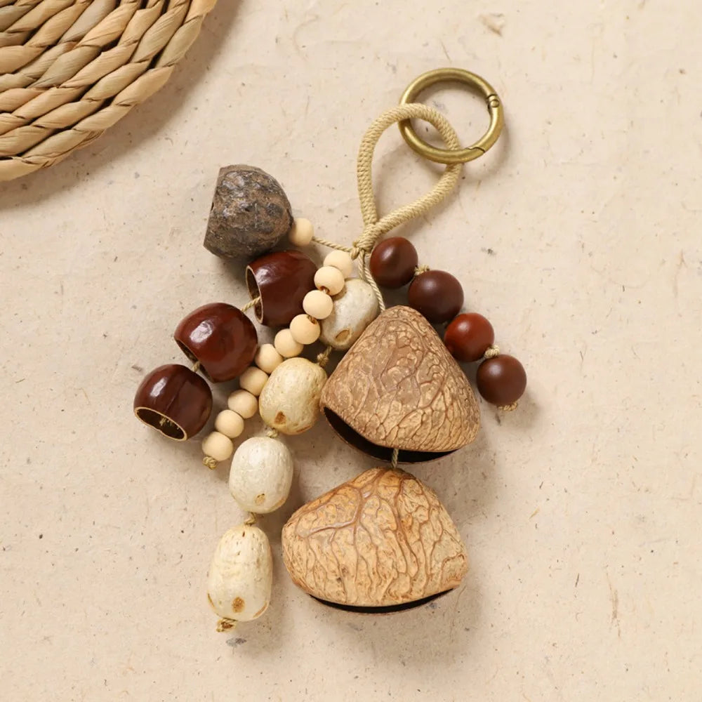 porte clés boho coquilles noix animal compagnie naturel bois marron clé