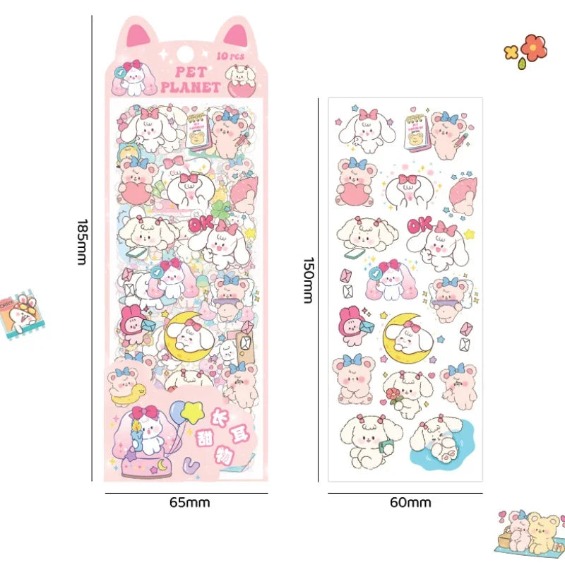 sticker kawaii adhésif dessins animés chats floraux textes scrapbooking transparent rose vert bleu blanc