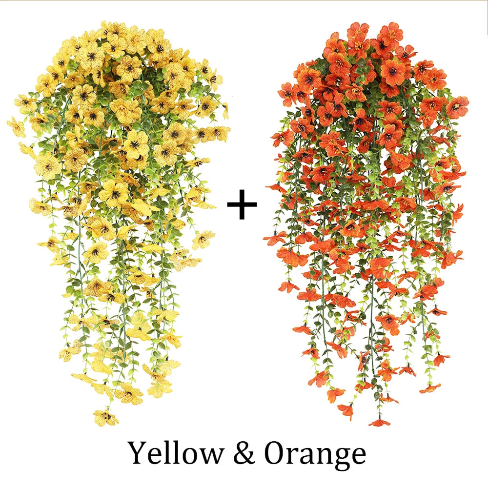 plantes artificielles suspendues fleurs orange jaune vert feuilles vertes moderne extérieur intérieur décoration maison