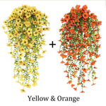 plantes artificielles suspendues fleurs orange jaune vert feuilles vertes moderne extérieur intérieur décoration maison