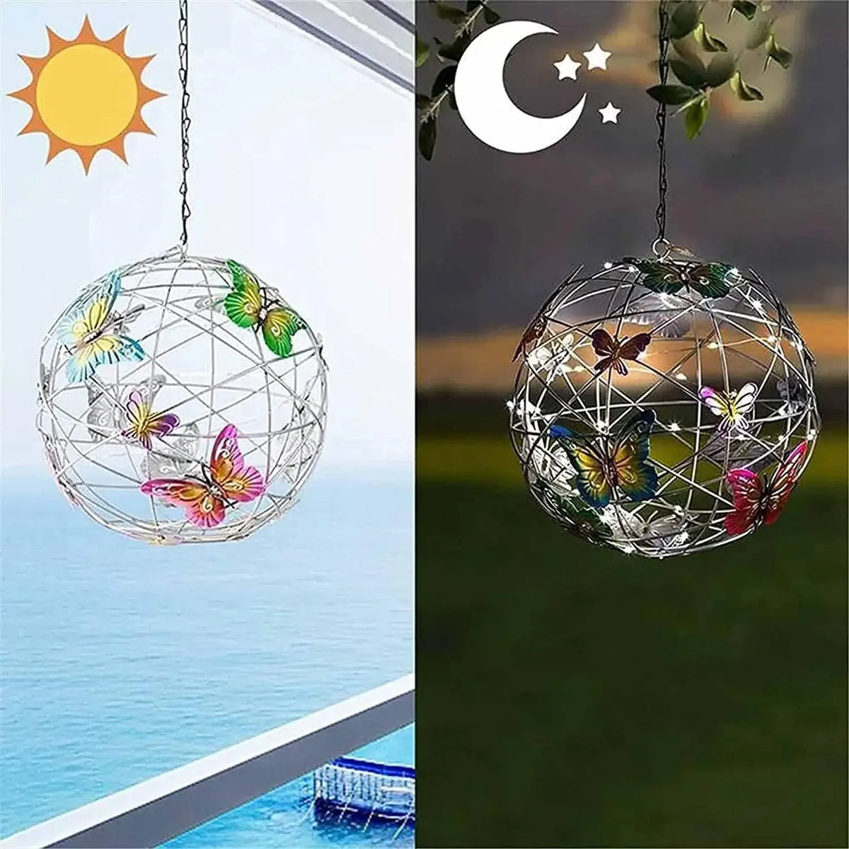 boule lumineuse décorative moderne transparente papillons colorés extérieur led autoinstallation jardin