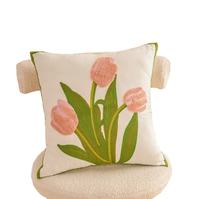 housse coussin brodée motif floral moderne poly coton décoration intérieure blanc vert bleu jaune