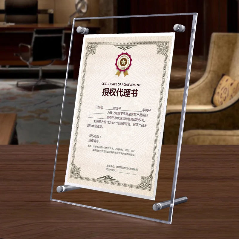 cadre transparent certificats motifs floraux clips classique ornementé affichage autoportant