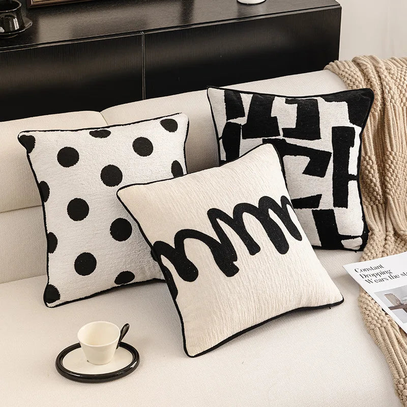 housse coussin polyester géométrique jacquard noir blanc moderne salon décoration