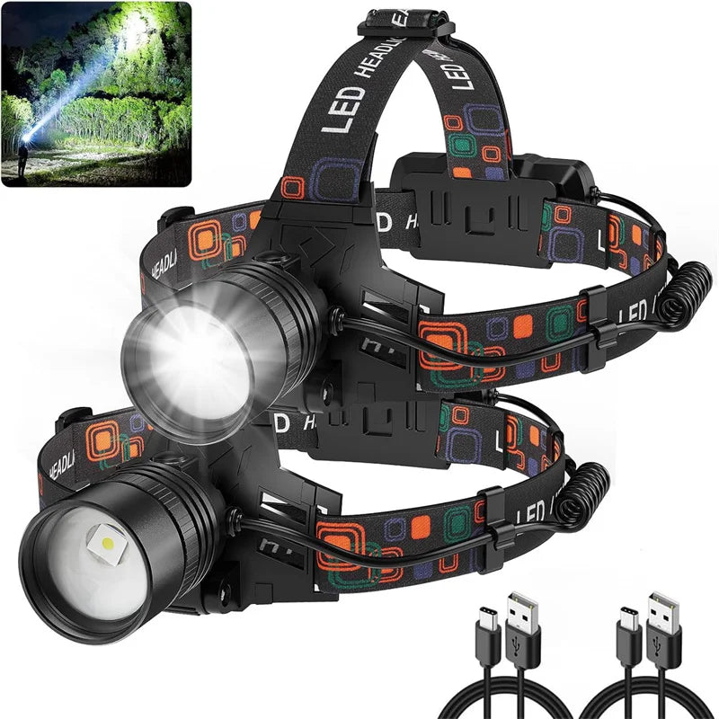lampe frontale led rechargeable camping chasse pêche tête ceinture ajustable haute luminosité noir geometrique