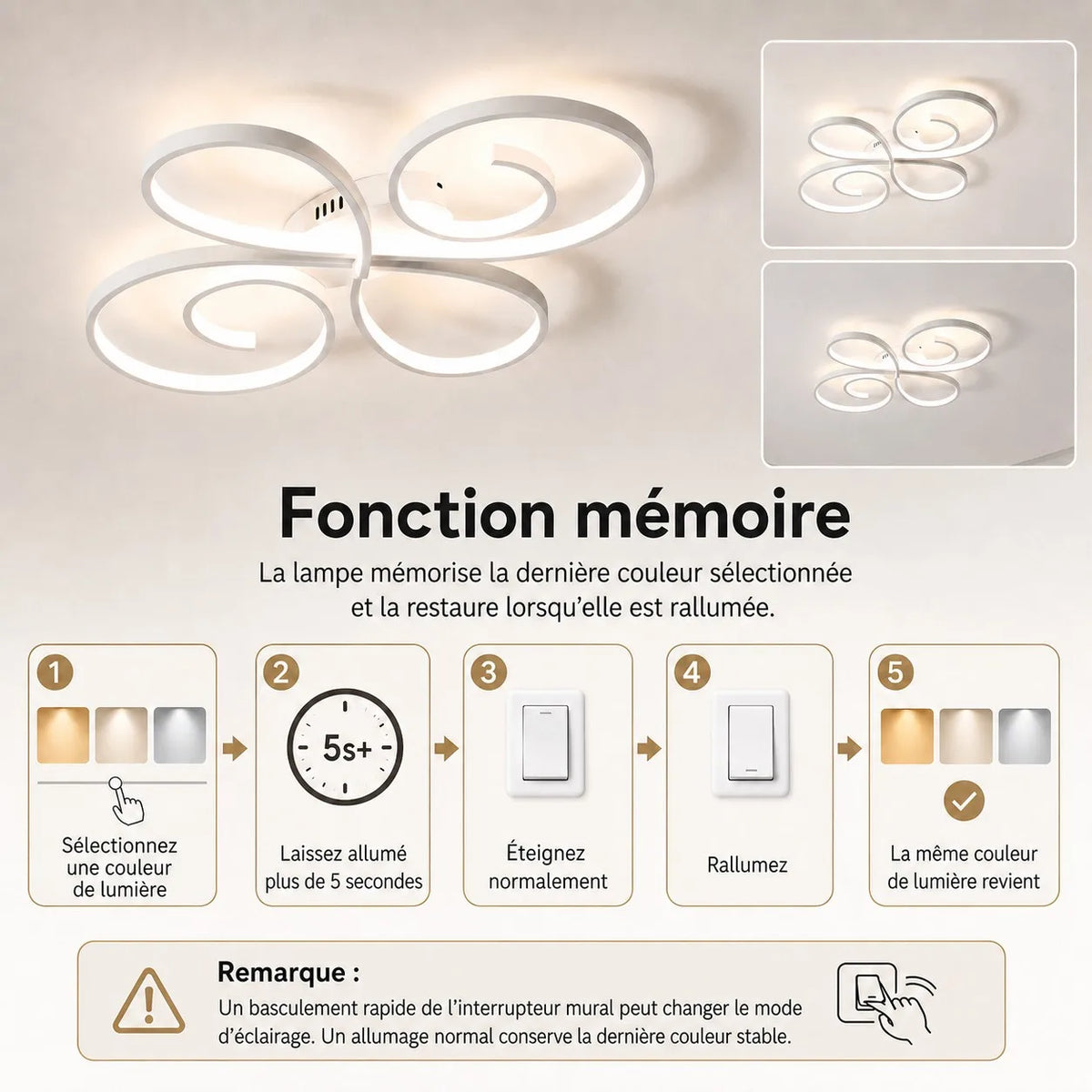 plafonnier led moderne blanc noir or spirales télécommande app variable