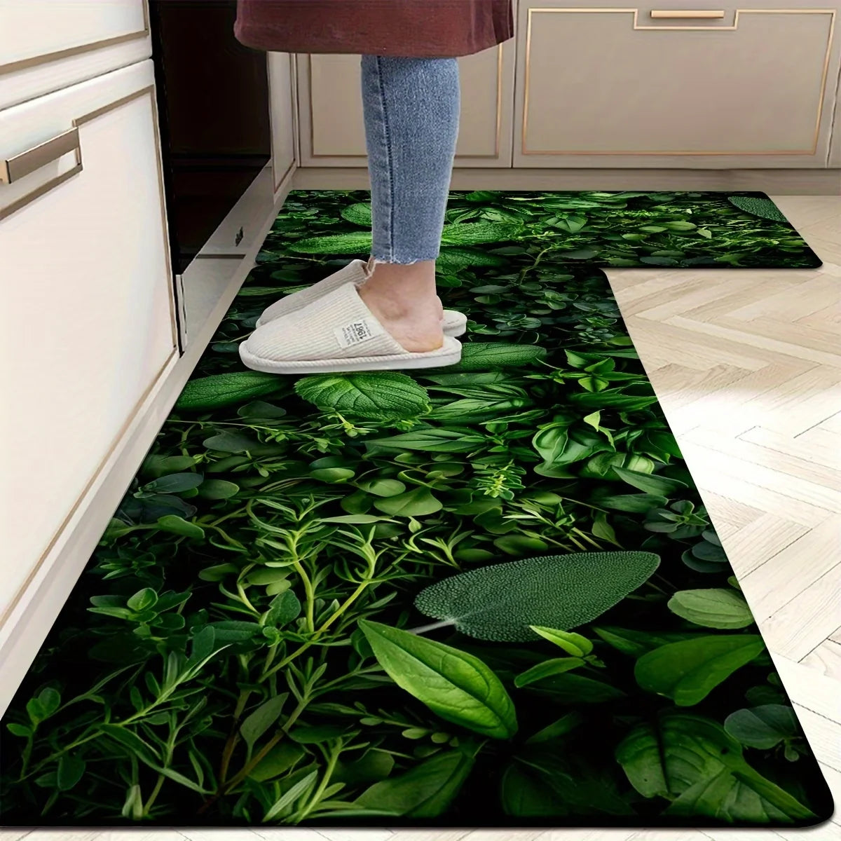 tapis sol moderne feuilles plantes vertes fond noir antidérapant polyester extérieur 40x60cm 50x80cm 40x120cm