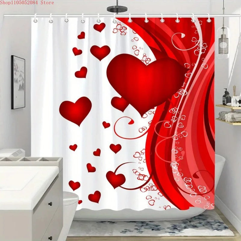 rideau douche moderne rouge coeurs blancs anti moisissure facile installer respectueux environnement durable