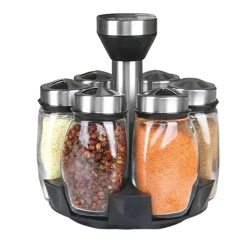 ensemble pots épices rotatifs moderne noir transparent verre organisation cuisine efficace