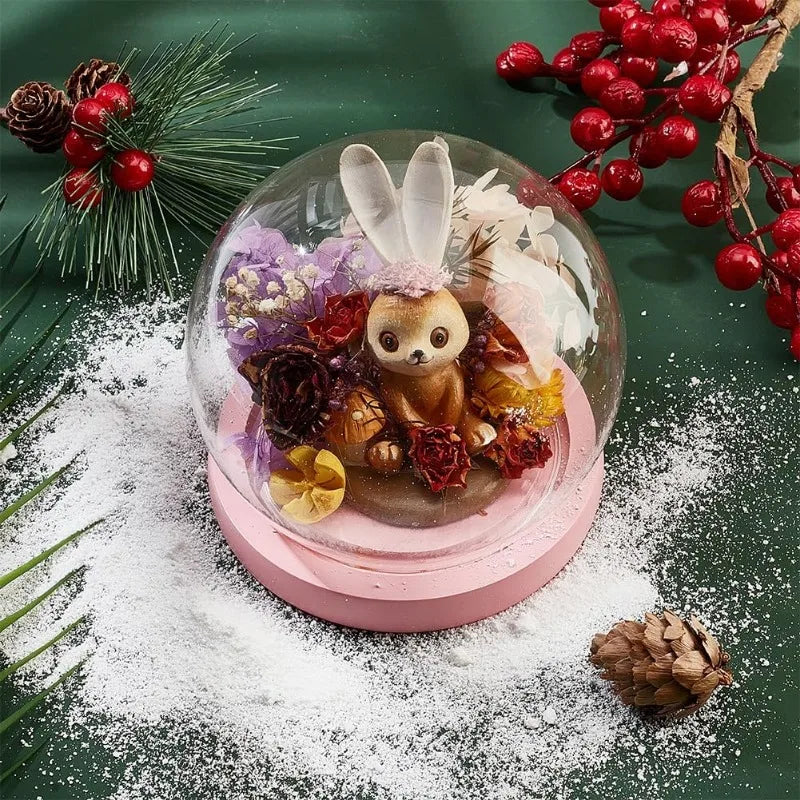 boule neige transparente moderne ours peluche fleurs séchées neige artificielle