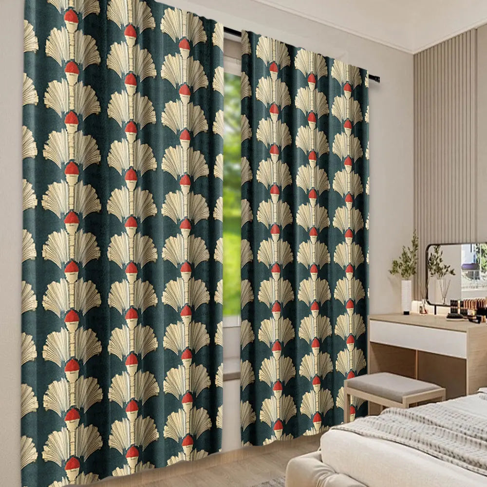 rideaux art deco motifs plumes vert foncé beige rouge opaques 100 polyester pièces
