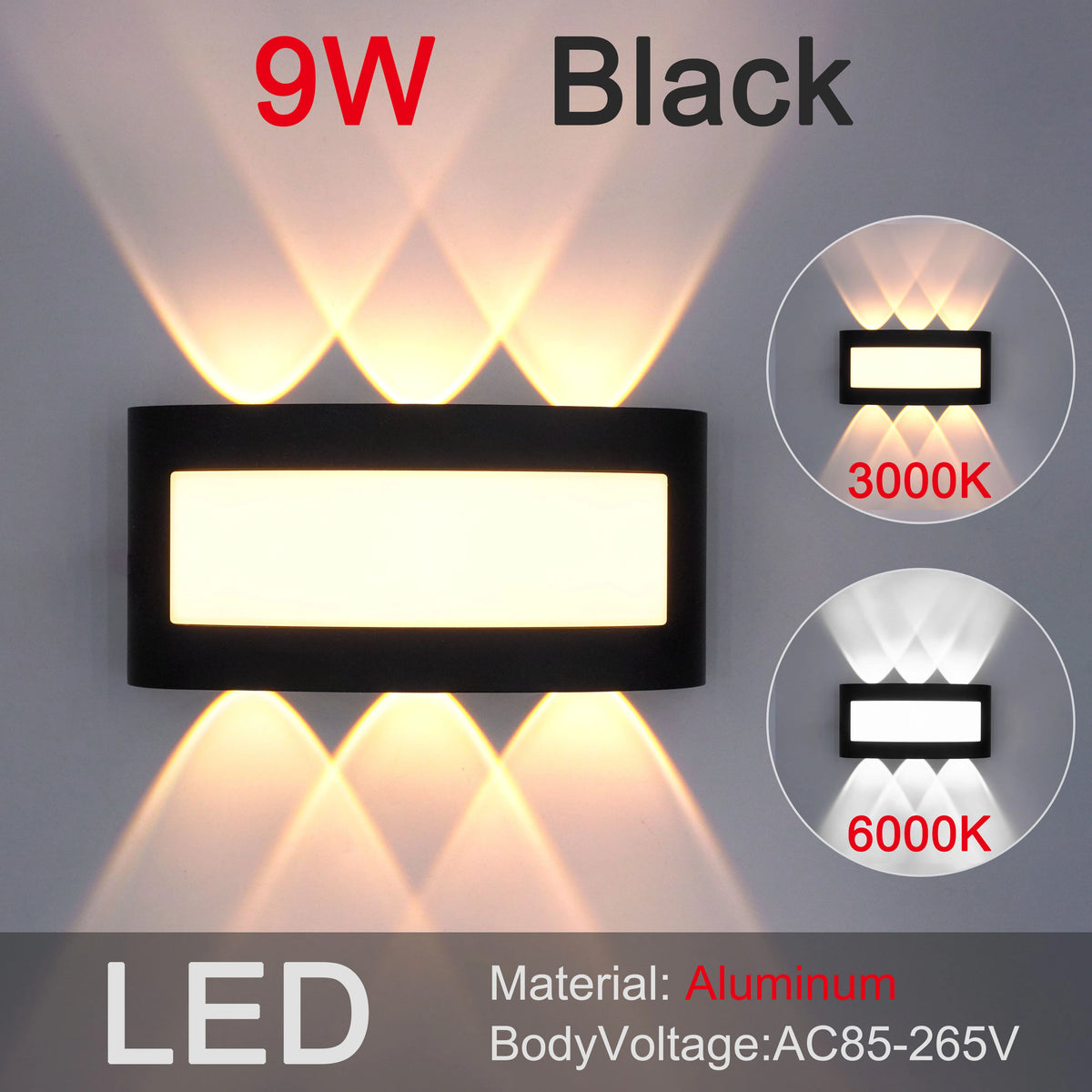 lampe murale led moderne noire ip55 résistante alimentation 110v 220v 7w 9w 11w