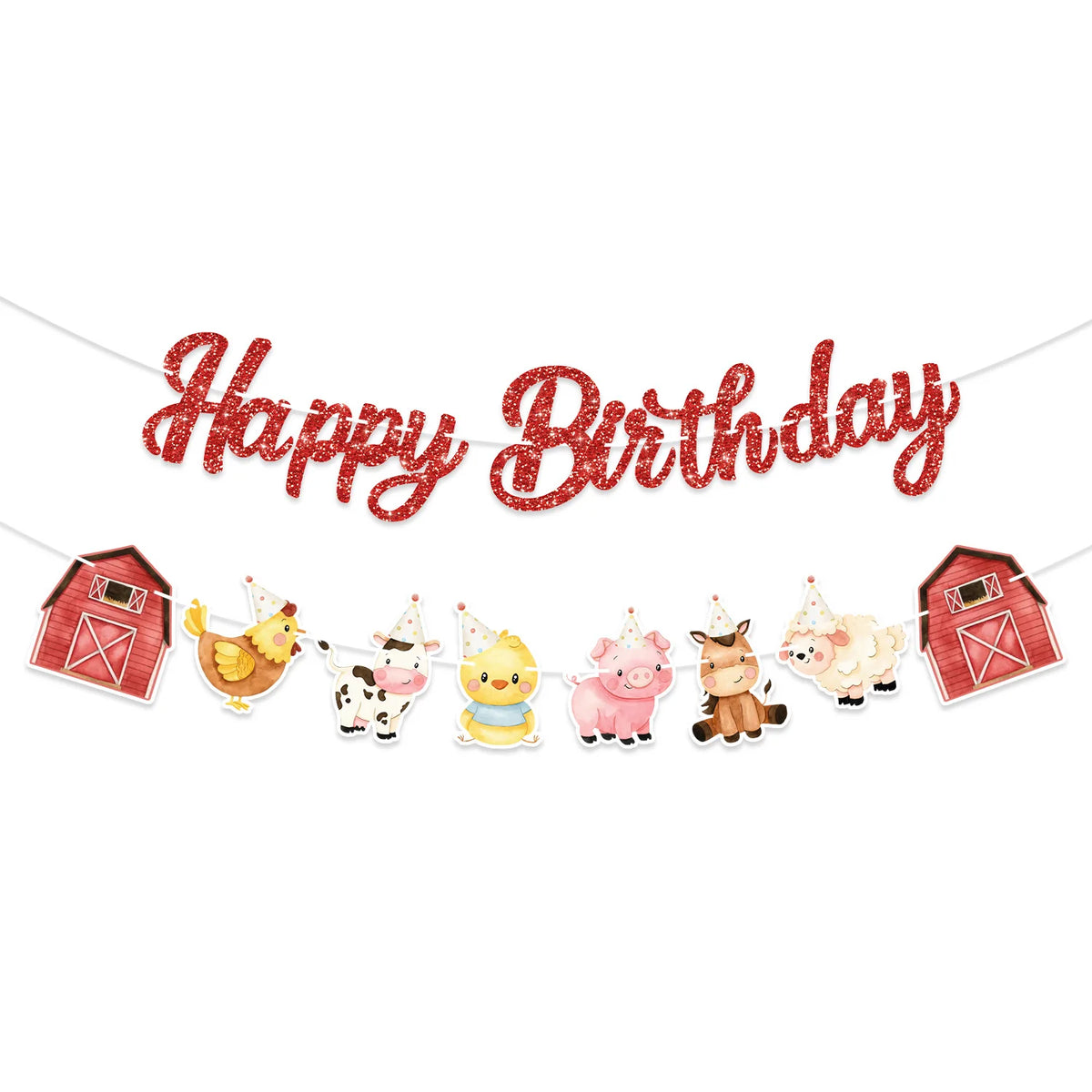guirlande fête animaux ferme rouge blanc happy birthday poulets vaches grange