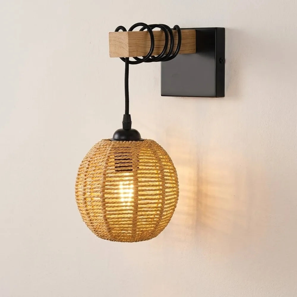 lampe murale moderne rustique marron clair corde bambou tissée plaque fixation câble noir 17cm