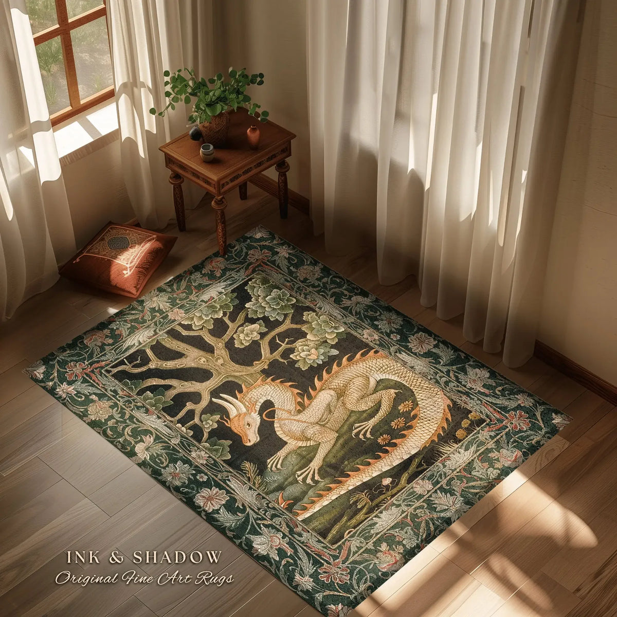 tapis dragon floral vert foncé motif arbre fleurs médiéval fantastique aubusson vert beige orange