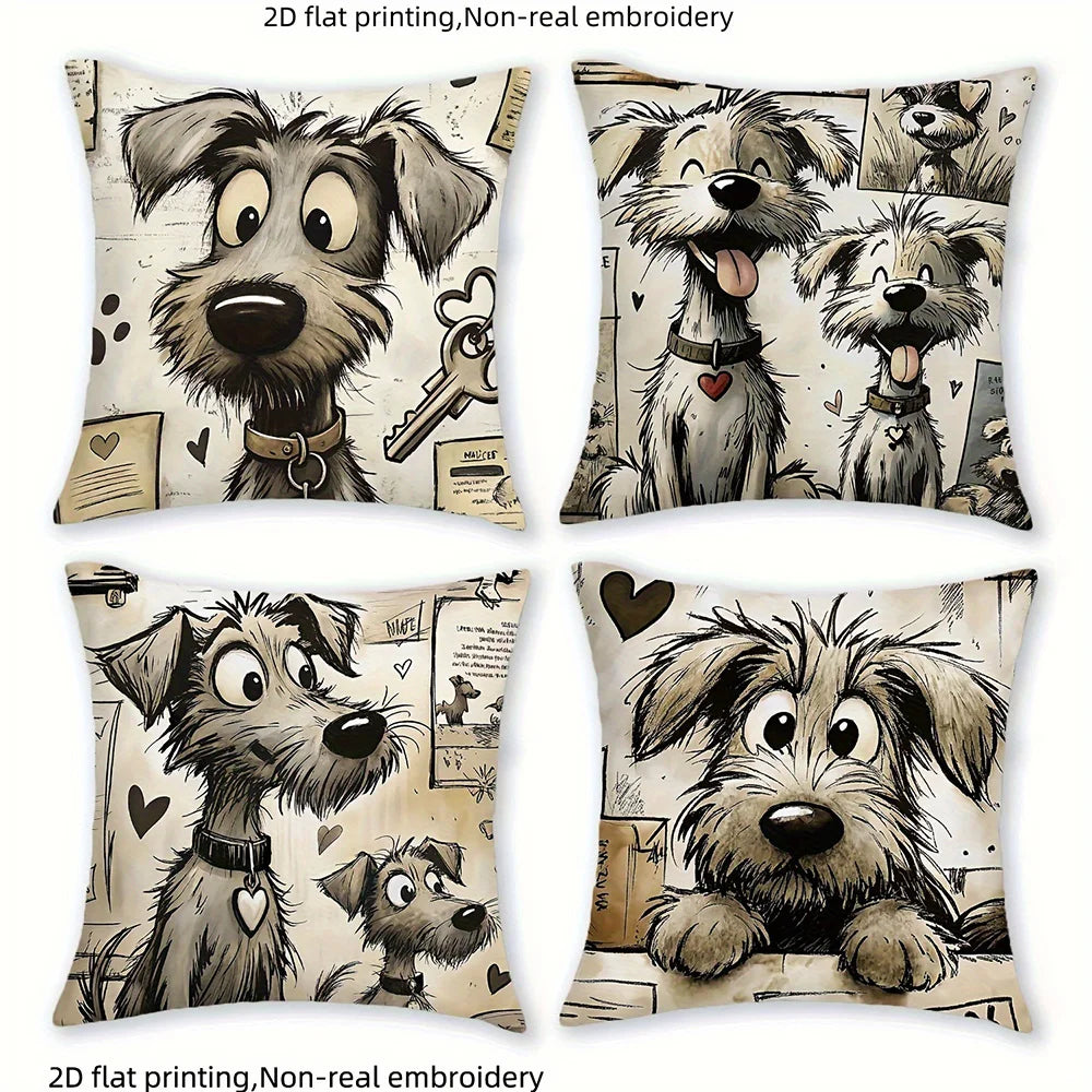 coussin chien mignon coeurs clés illustration cartoon blanc noir beige
