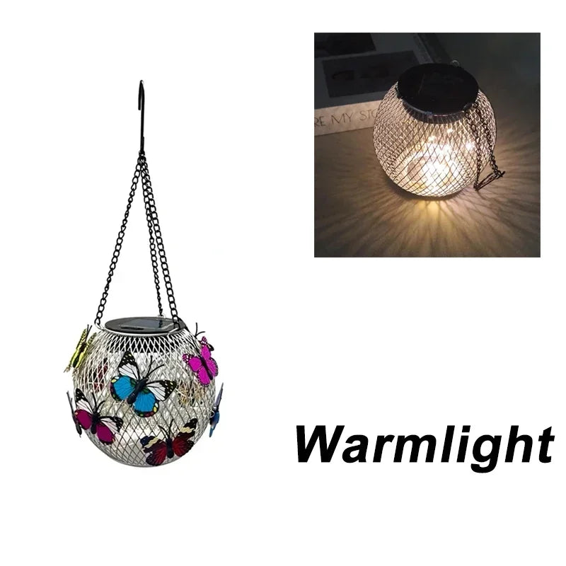 Lanterne solaire suspendue moderne papillons colorés chaîne métallique filet transparent patio jardinextérieur