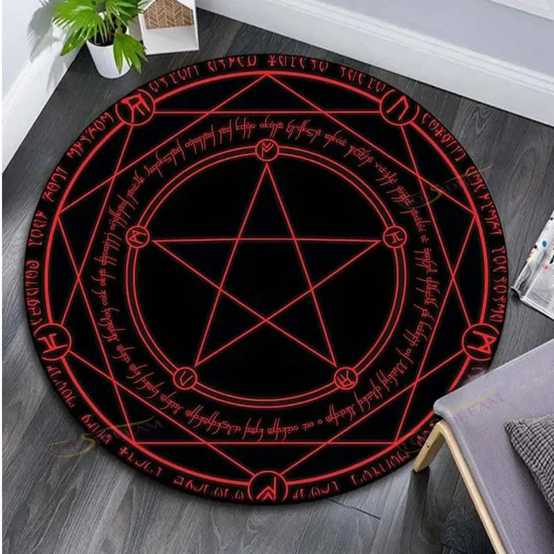tapis rond décoratif mystique motif pentagramme géométrique moderne chambre enfant salon maison noir