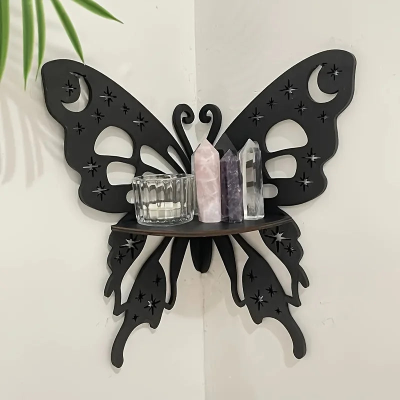 étagère murale papillon noir lunes étoiles moderne succulente bougie cristaux bois