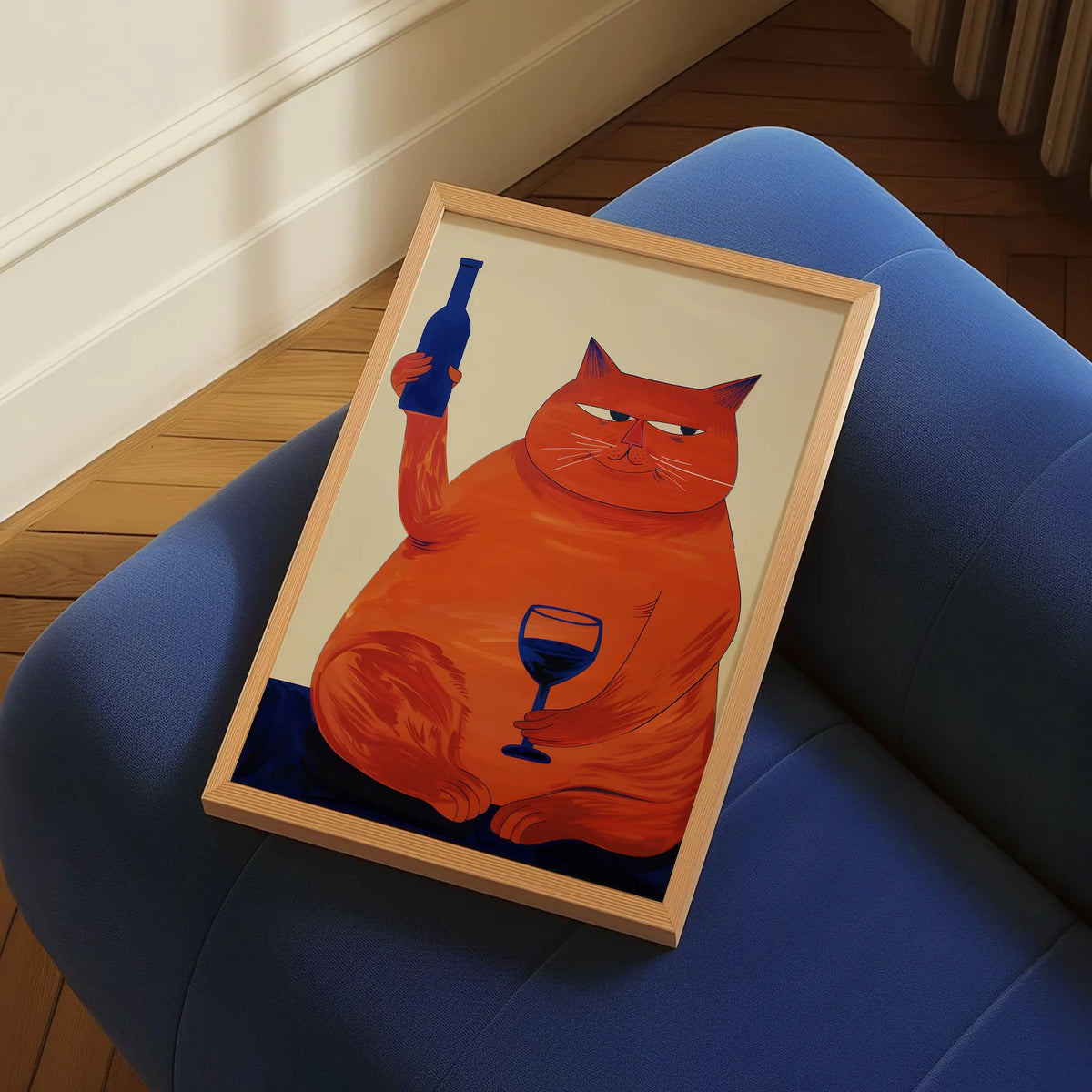 affiche murale illustration chat vin couleur or bleu noire blanche moderne