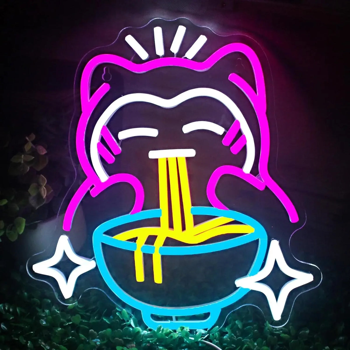 décoration murale néon chat nouilles ramen couleurs vives moderne suspension câbles usb