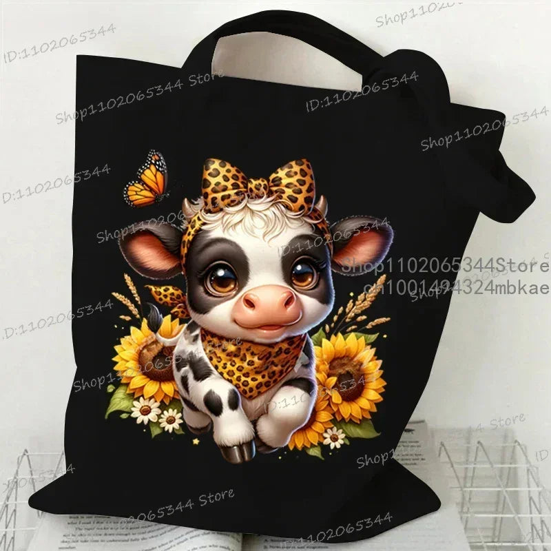 sac main toile vache léopard tournesol poignées détachables dessin animé adolescents femmes fête appliques
