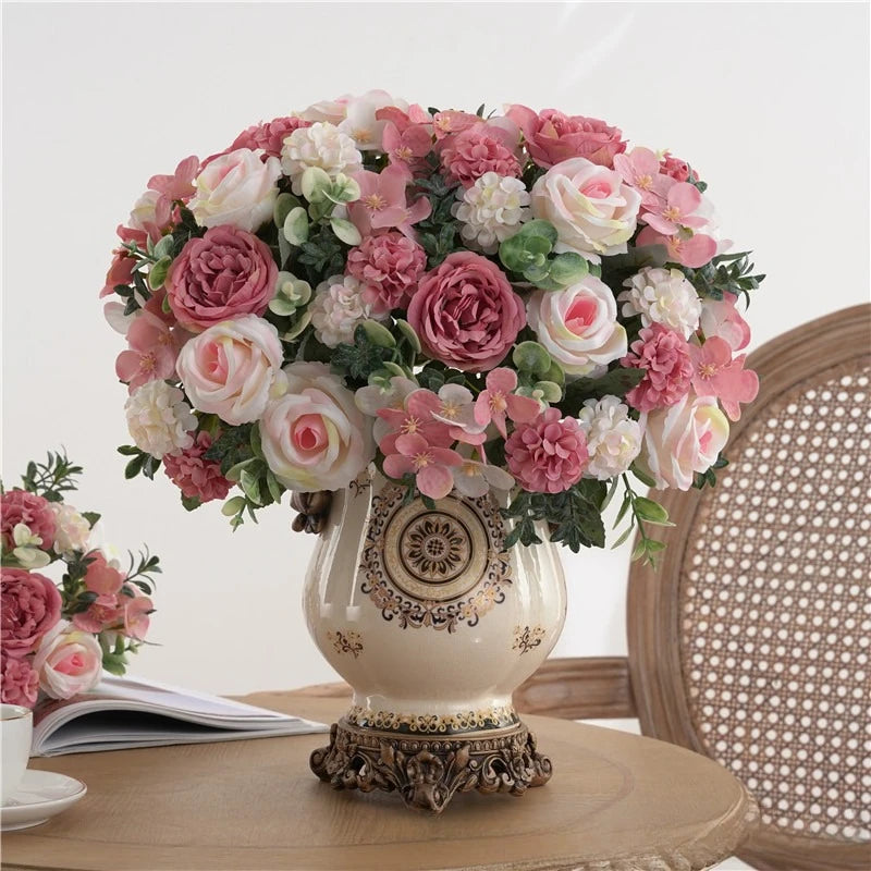 Bouquet artificiel roses blancs feuilles vertes décoration intérieure mariage romantique classique 30cm