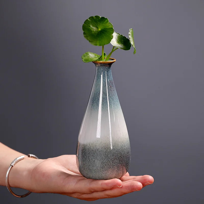 Une élégante vase en verre translucide et gris sombre, supportant délicatement une feuille verte brillante.