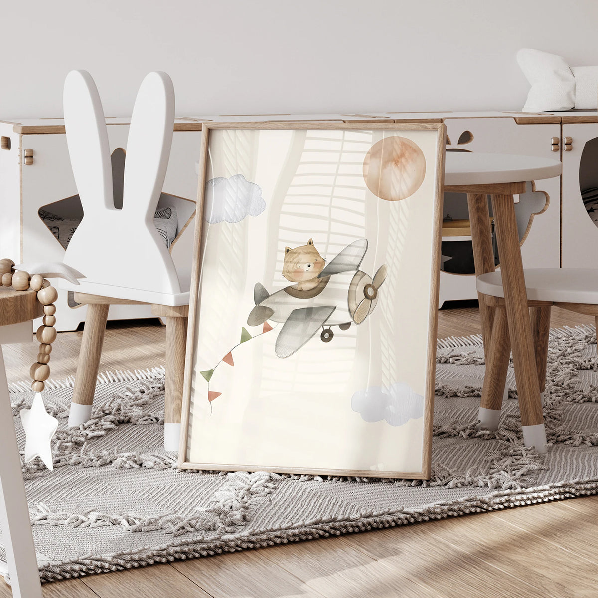 affiches animaux ours girafe panda ballon air chaud texte amelia lettres illustration minimaliste salon