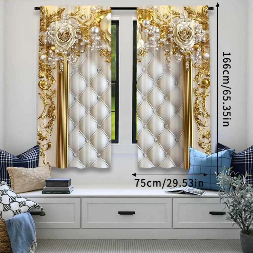rideau deux pièces polyester roses blanches dorées classique baroque opaques blanc doré beige
