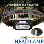 lampe frontale led rechargeable étanche camo noir orange gris détection mouvement camping pêche cyclisme
