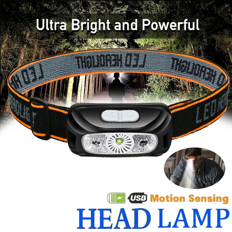 lampe frontale led rechargeable étanche camo noir orange gris détection mouvement camping pêche cyclisme