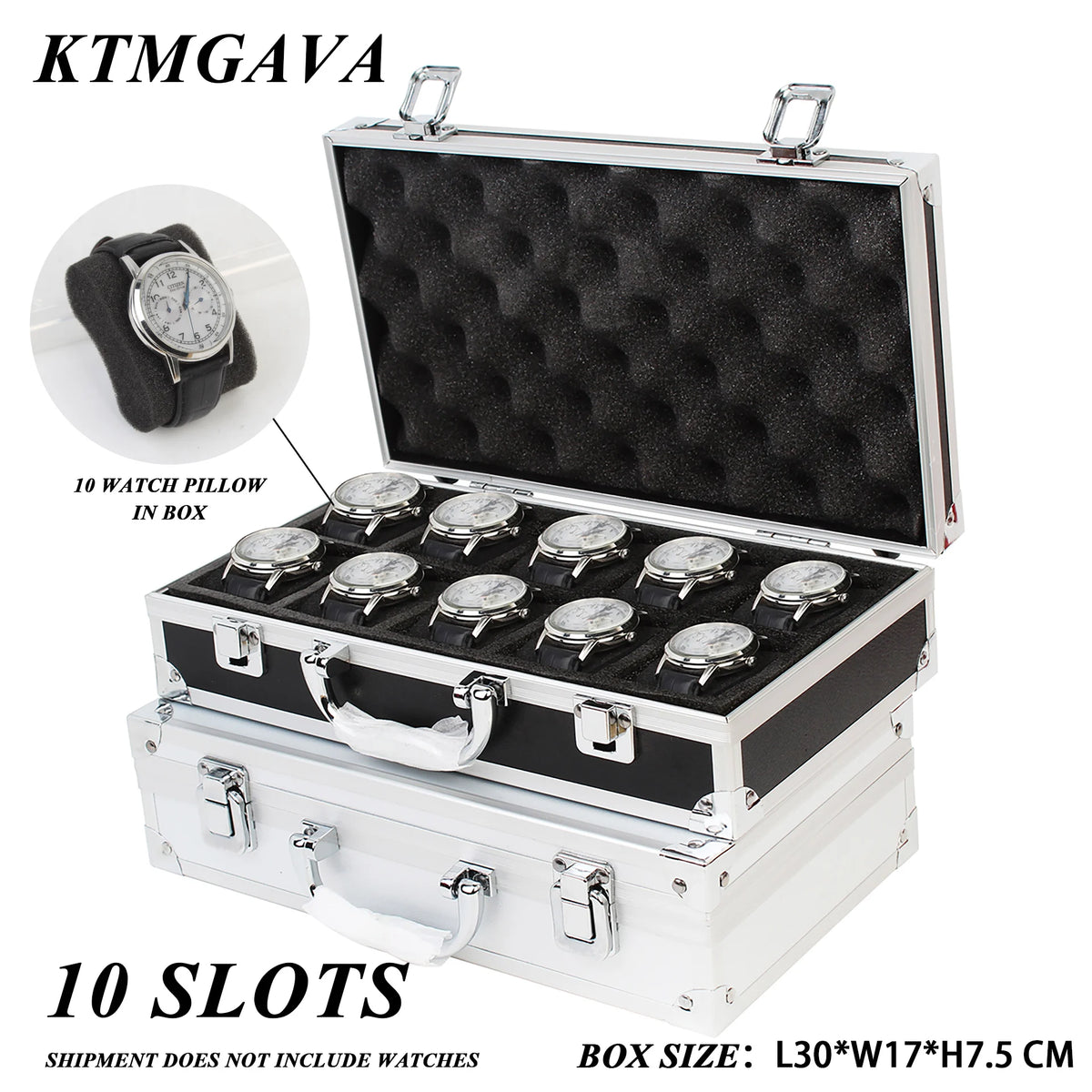 boîte montres moderne 12 slots aluminium noir mousse intérieure poignées métalliques
