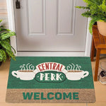 tapis d'entrée vert beige motif central perk tasses bienvenue moderne antidérapant résistantextérieurintérieur