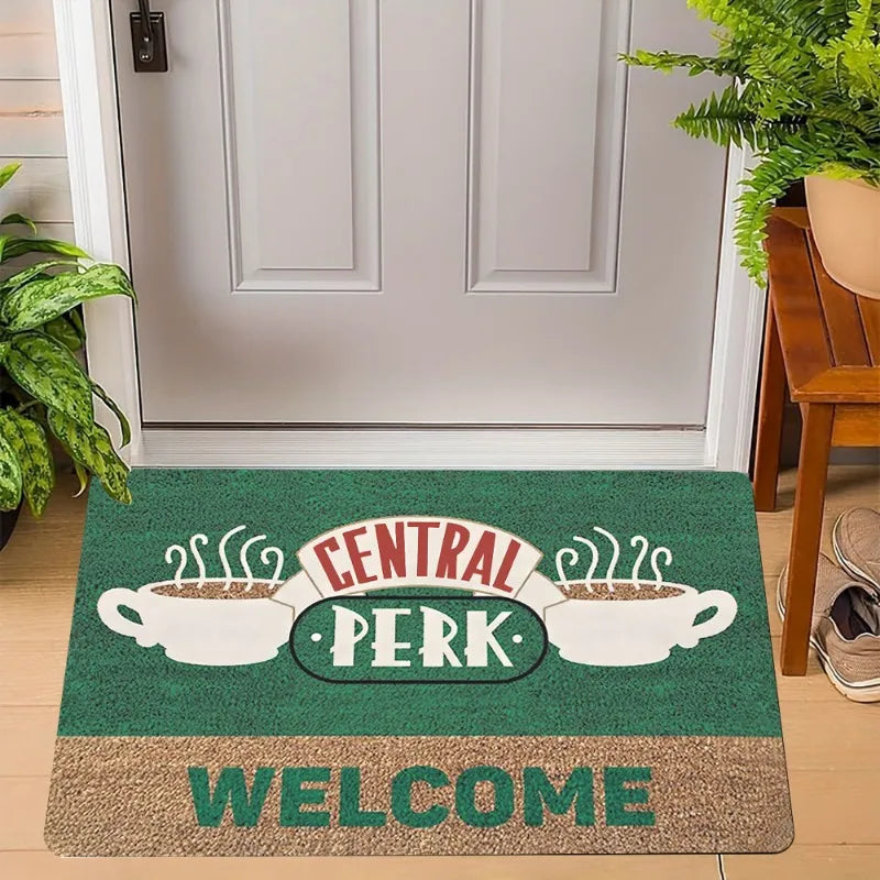 tapis d'entrée vert beige motif central perk tasses bienvenue moderne antidérapant résistantextérieurintérieur