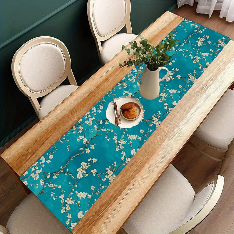 drapeau table lin bleu turquoise fleurs blanches moderne floral 30x45cm 90x120cm 150x180cm