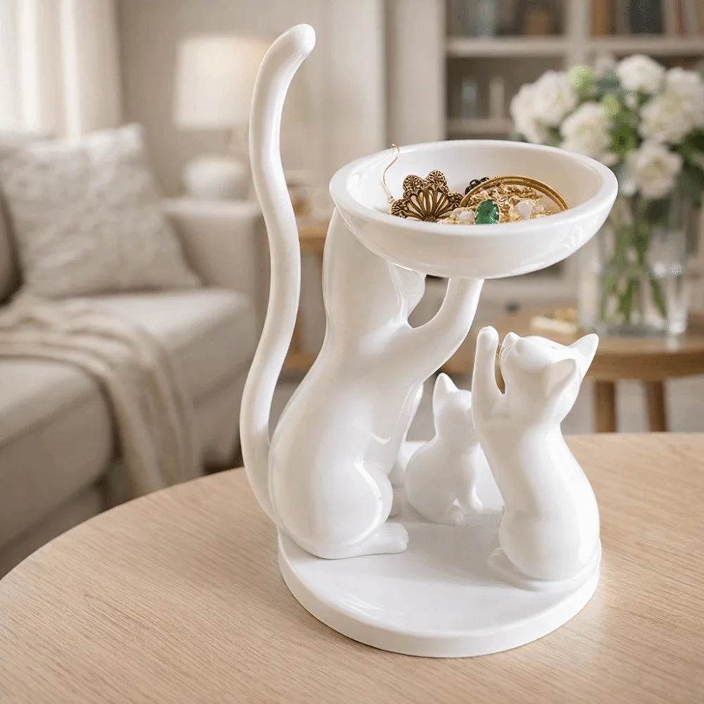 plateau rangement bijoux forme chat blanc noir lisse moderne imprimé 3D decoratif animaux