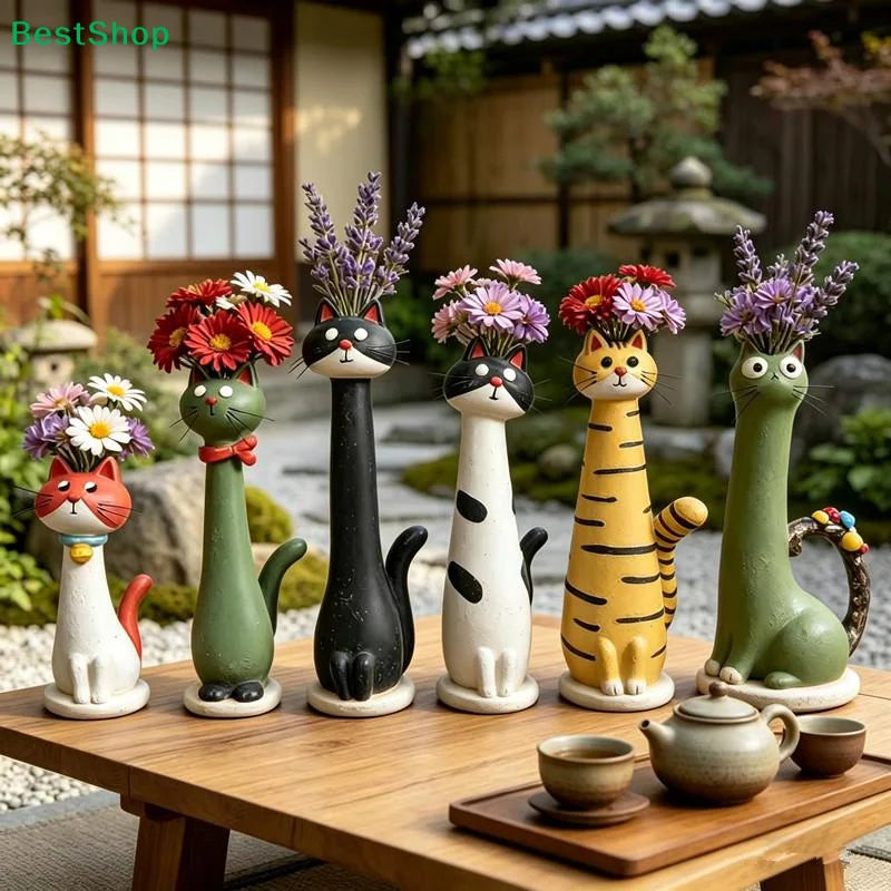 vases résine forme chat moderne couleur verte yeux oreilles queue motifs fleursDecorationMaisonBureauOrnementCartoon